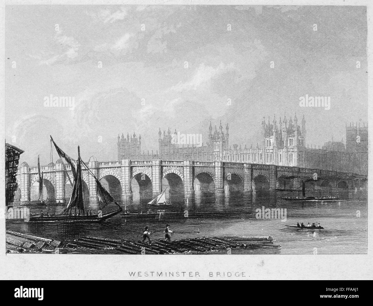 WESTMINSTER BRIDGE, 1852. /nA view of Westminster Bridge, London, England. Steel engraving