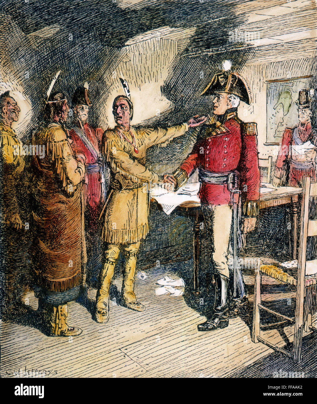TECUMSEH & ISAAC BROCK 1812. /nThe meeting of General Isaac Brock (1769-1812) and Tecumseh (1768-1813), 14 August 1812: line drawing by C.W. Jefferys. Stock Photo