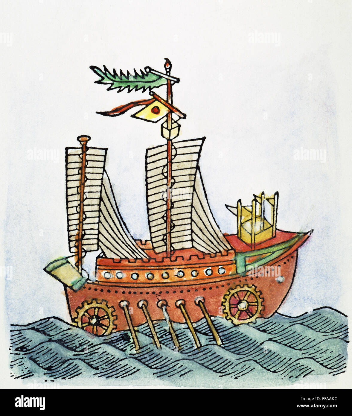 CHINESE SHIP, 12th CENTURY./nA ship outfitted with sails, oars, and wheels for passage on land. Chinese woodcut, 12th century. Stock Photo