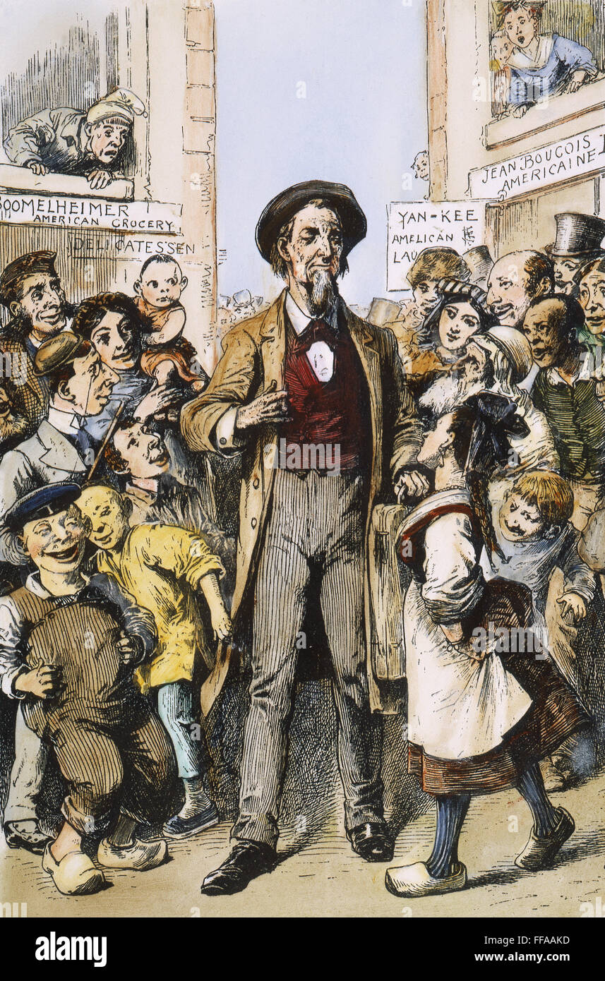 ANTI-IMMIGRANTS CARTOON. /n'The Last Yankee': a lone Yankee standing tall, is regarded with curiosity by a throng of immigrants in the city: American cartoon, 1888. Stock Photo