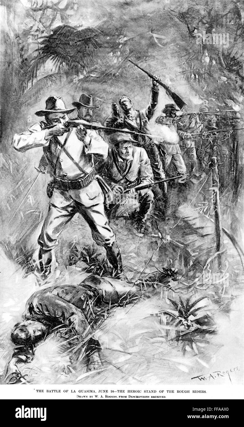 LAS GUASIMAS, CUBA, 1898. /nThe heroic stand of the Rough Riders at the battle of Las Guasimas, Cuba, on 24 June 1898; Colonel Theodore Roosevelt is seen second from left: contemporary drawing by W.A. Rogers. Stock Photo