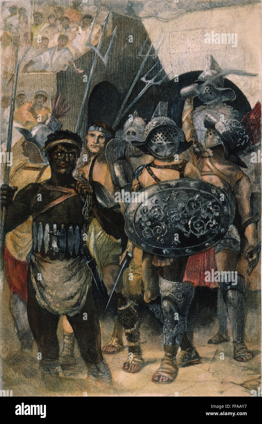 ROME: ENTRY OF GLADIATORS /nRoman gladiators marching into the arena. Line engraving, 19th century. Stock Photo