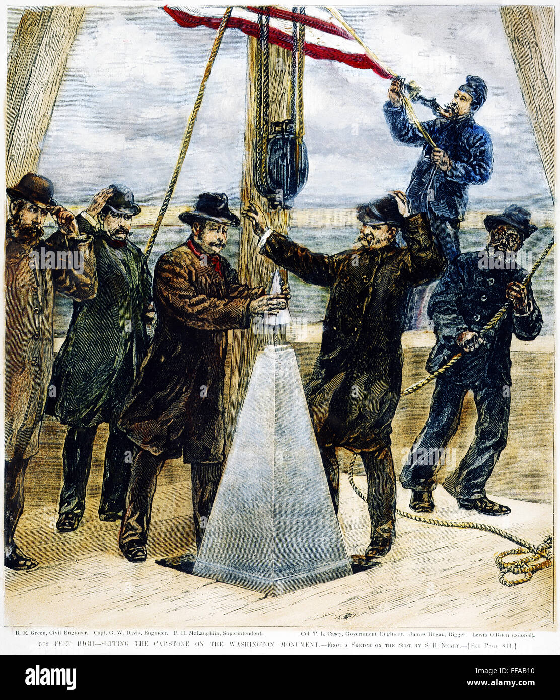 WASHINGTON MONUMENT, 1884. /nThe completion of the Washington Monument in Washington, D.C., 6 December 1884. Line engraving from a contemporary American newspaper. Stock Photo