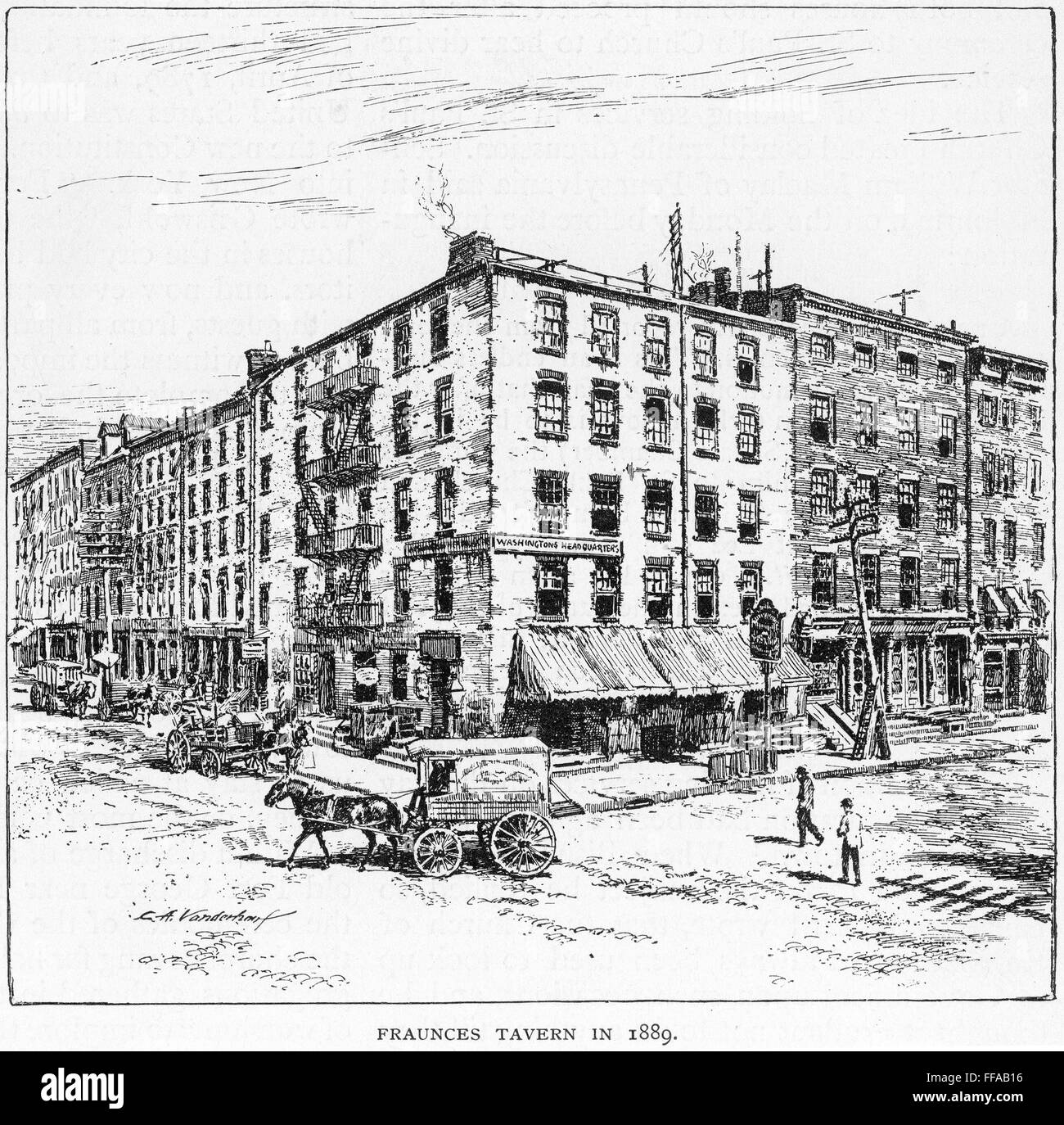 NEW YORK: FRAUNCES TAVERN. /nFraunces Tavern, at 101 Broad Street, corner of Pearl Street, where General George Washington bade farewell to his officers on 4 December 1783. Drawing, 1889. Stock Photo