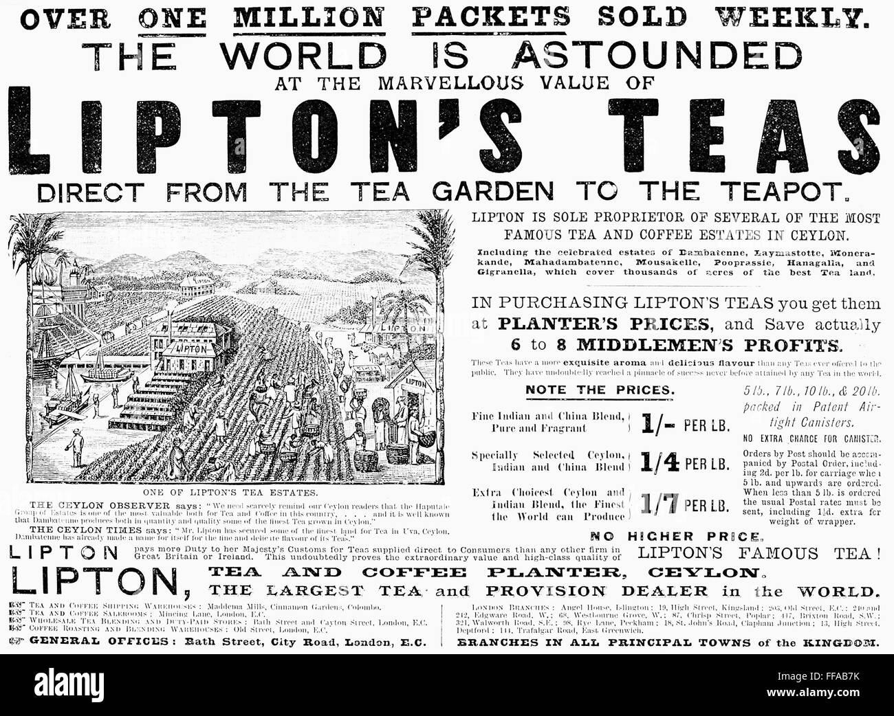 LIPTON TEA AD, 1892. /nFrom an English newspaper of 1892 Stock Photo