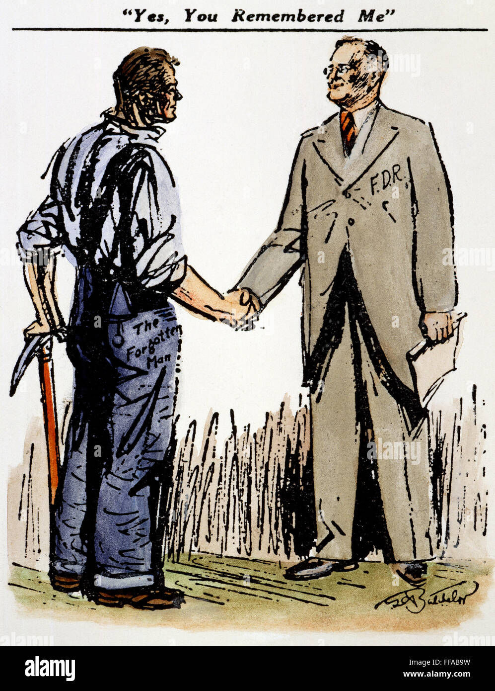 CARTOON: FDR & WORKINGMEN. /n'Yes, You Remembered Me' (The Forgotten Man). Cartoon, 1936, by Clarence D. Batchelor, on President Franklin D. Roosevelt's support among working people in his re-election campaign. Stock Photo