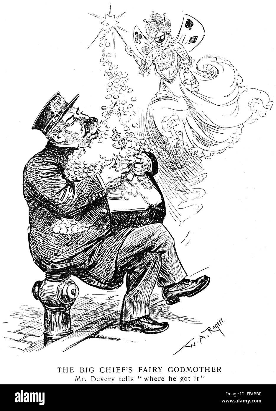 WILLIAM S. DEVERY CARTOON. /n'The Big Chief's Fairy Godmother: Mr. Devery tells 'where he got it.'' Cartoon, 1902, by William Allen Rogers lampooning the former New York city police chief for his ill-gotten gains from illegal gambling. Stock Photo