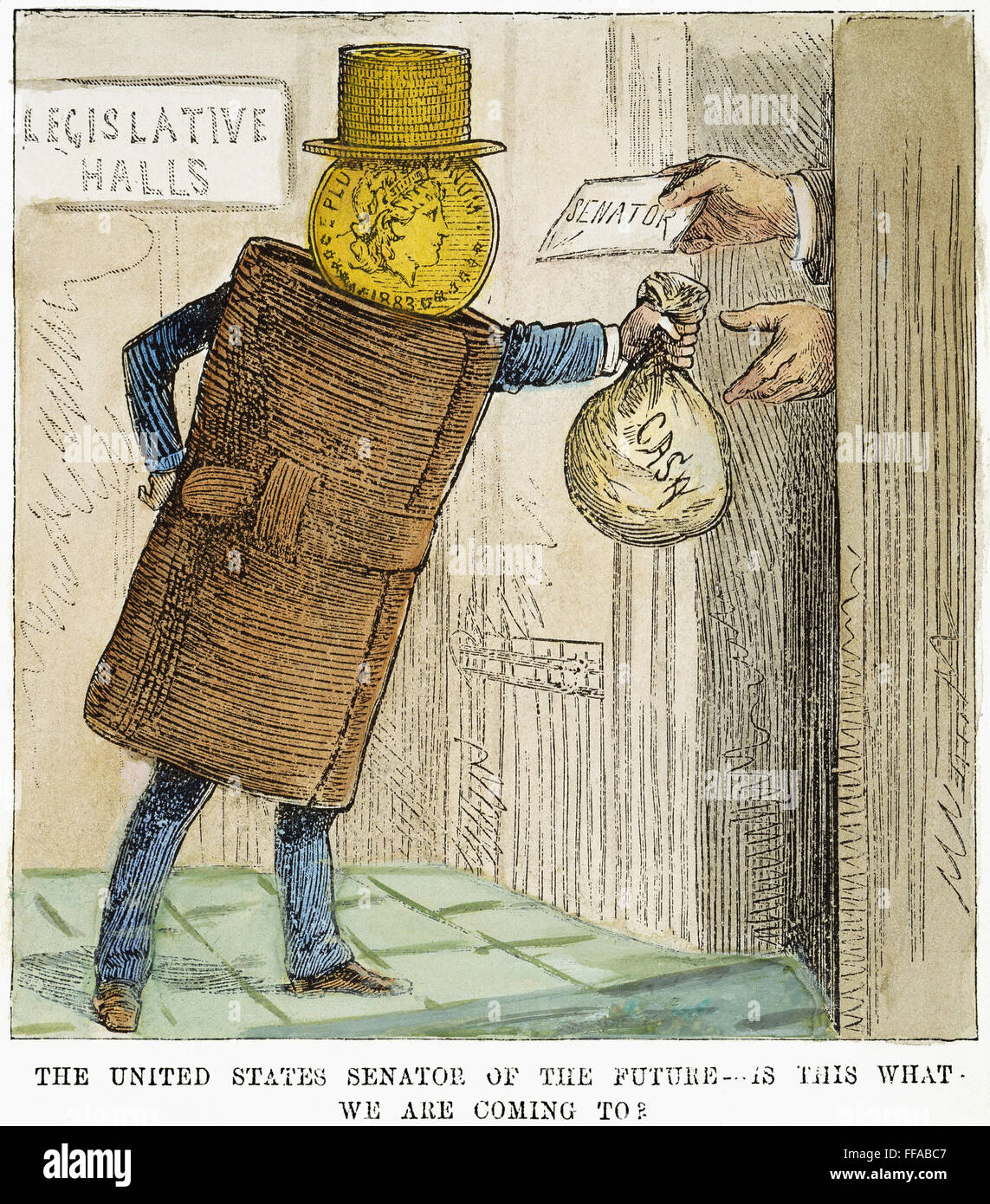POLITICAL CORRUPTION, 1883./n'The United States senator of the future - is this what we are coming to?' American cartoon commenting on the power of the all-mighty dollar over members of the Senate. Stock Photo
