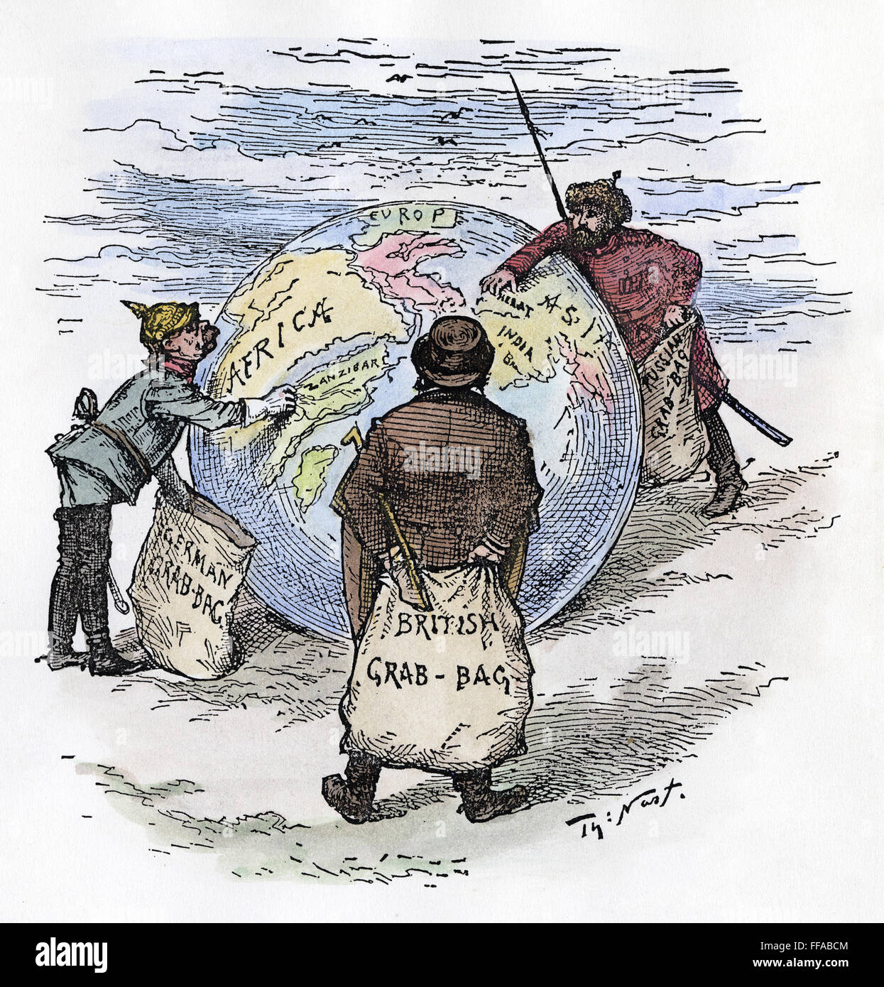 CARTOON: IMPERIALISM, 1885. /nThe World's Plunderers. Germany, England, and Russia grab what they can of Africa and Asia. American cartoon by Thomas Nast, 1885. Stock Photo