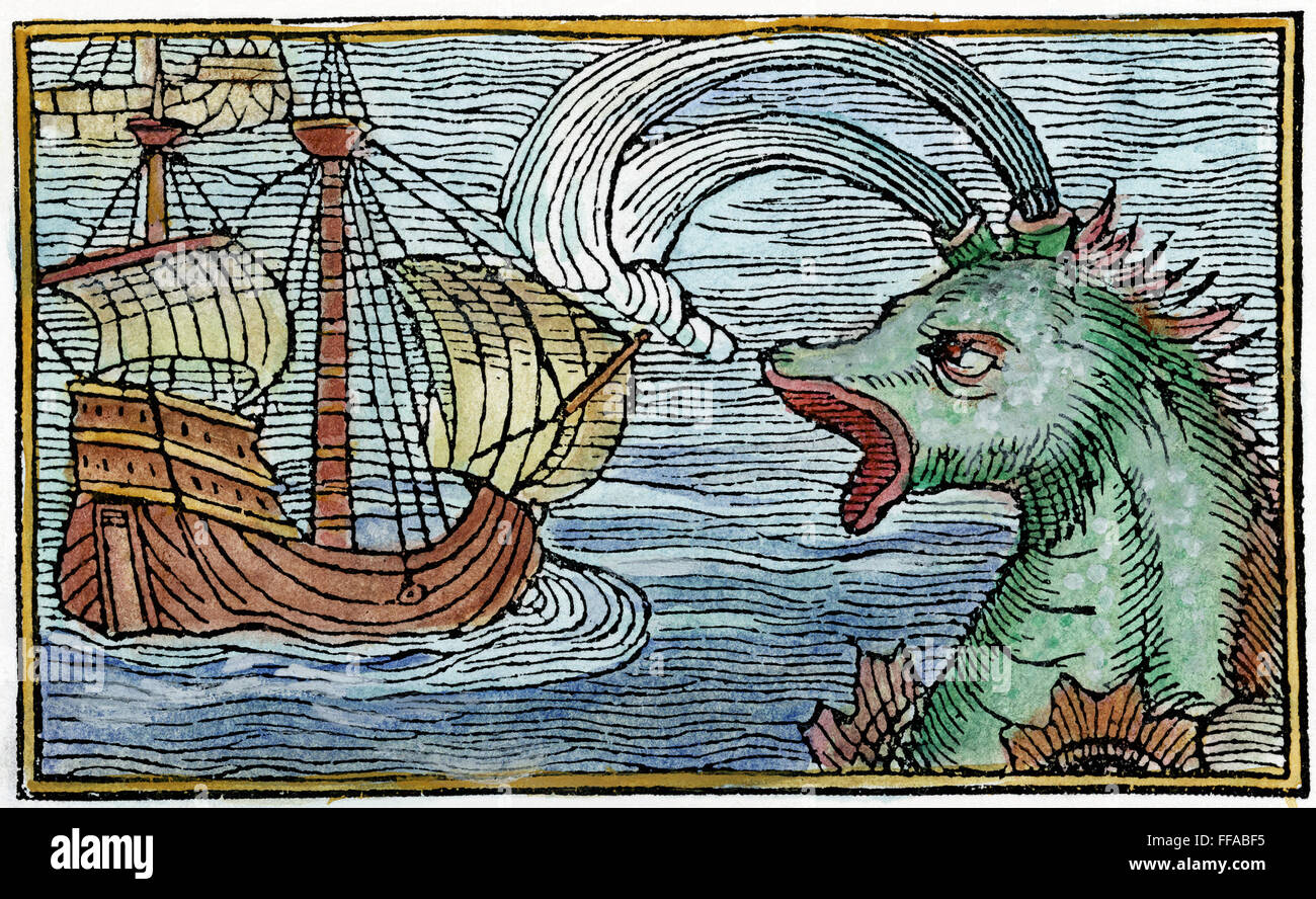 SEA MONSTER, 1555. /nOne of the sea monsters thought to inhabit the 'Sea of Darkness' to the west and south of Europe. Woodcut from Swedish geographer Olaus Magnus' 'Historia de Gentibus Septentrionalibus', Rome, 1555. Stock Photo
