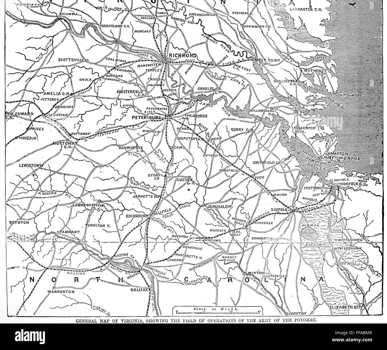 CIVIL WAR MAP VIRGINIA. /nContemporary map of the fields of operation of the war in south