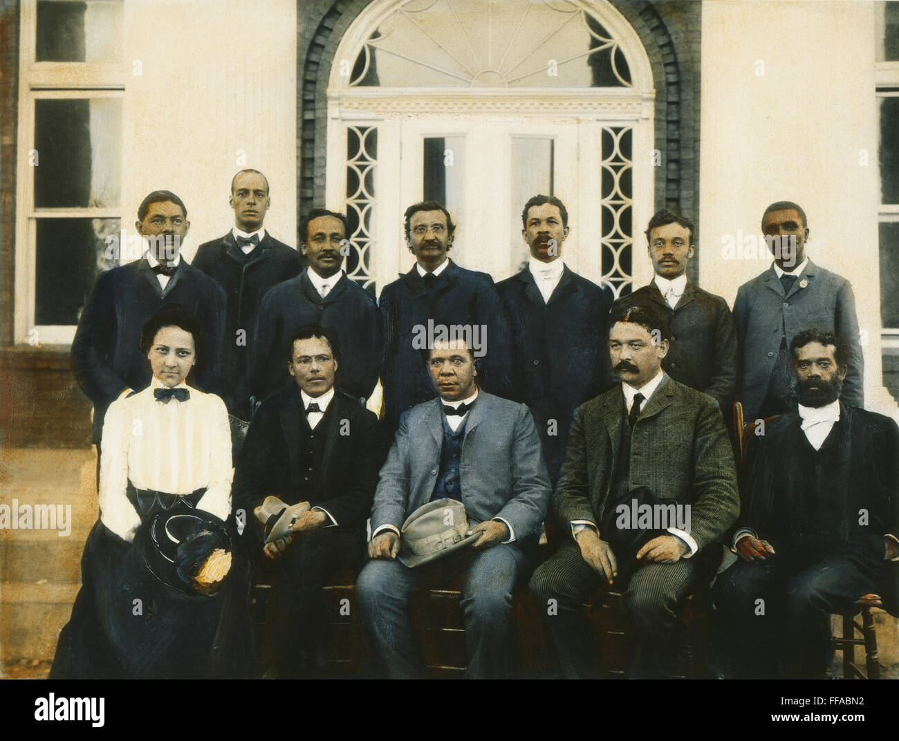 TUSKEGEE FACULTY COUNCIL. /nNovember 1902. Top row, left to right: Robert R. Taylor, R.M. Attwell, Julius B. Ramsey, Chaplain Edgar J. Penny, M.T. Driver, William Maberry, George Washington Carver. Bottom row, left to right: Jane E. Clark, Emmett J. Scott Stock Photo