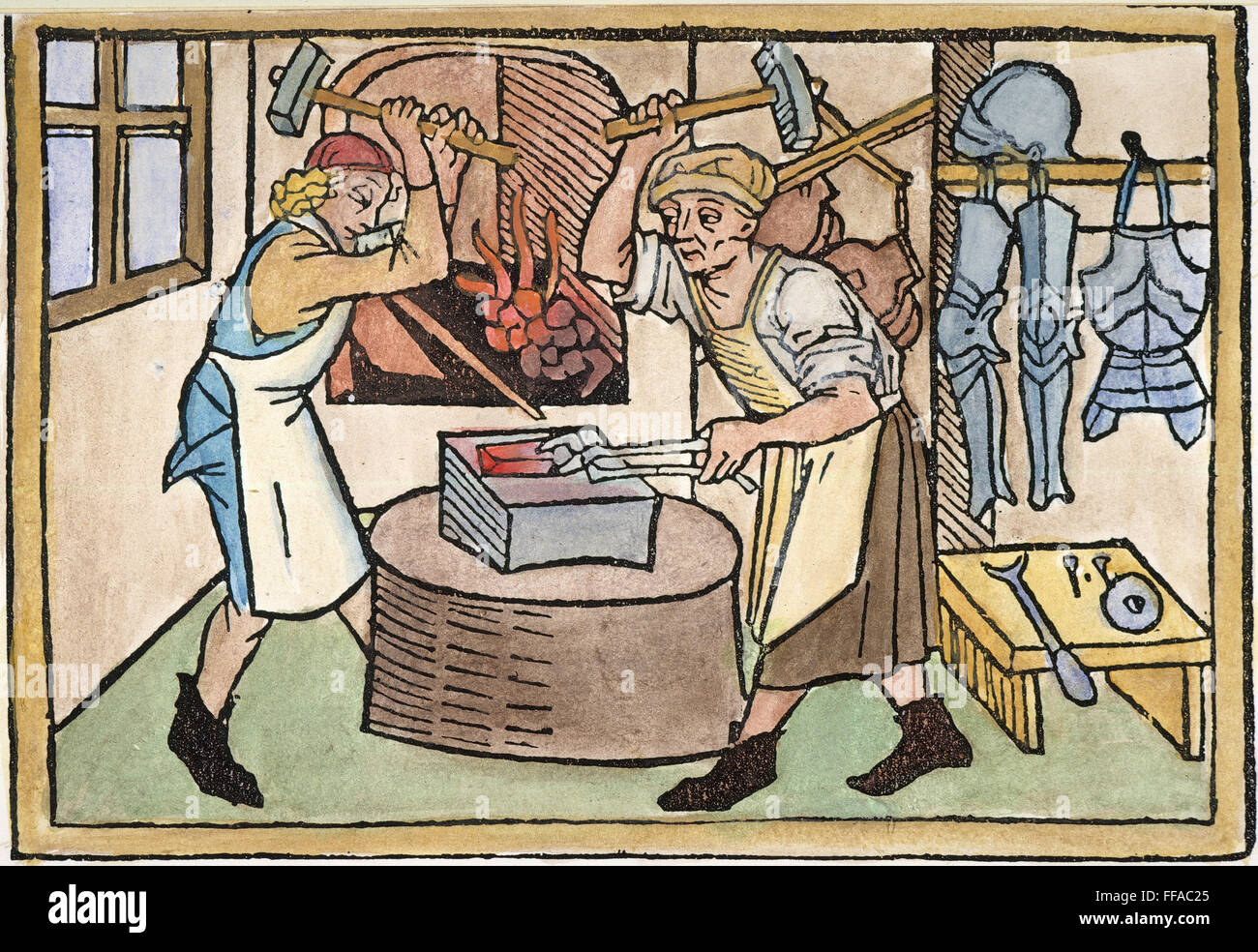 ARMS & ARMOR SMITH. /nA smith and his apprentice make arms and armor. German woodcut, 1479. Stock Photo