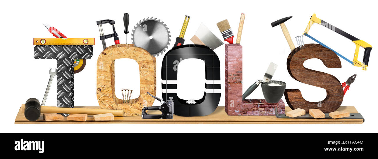 tools lettering with many tool and parquet panel Stock Photo