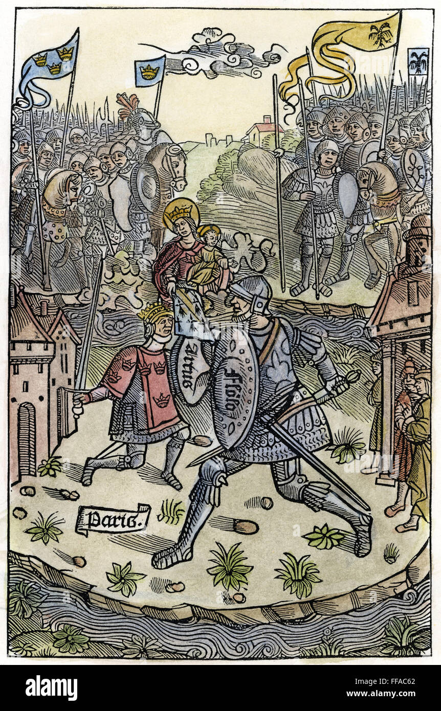 KING ARTHUR FIGHTS A GIANT. /nProtected by the Virgin. Woodcut, French, 1514. Stock Photo