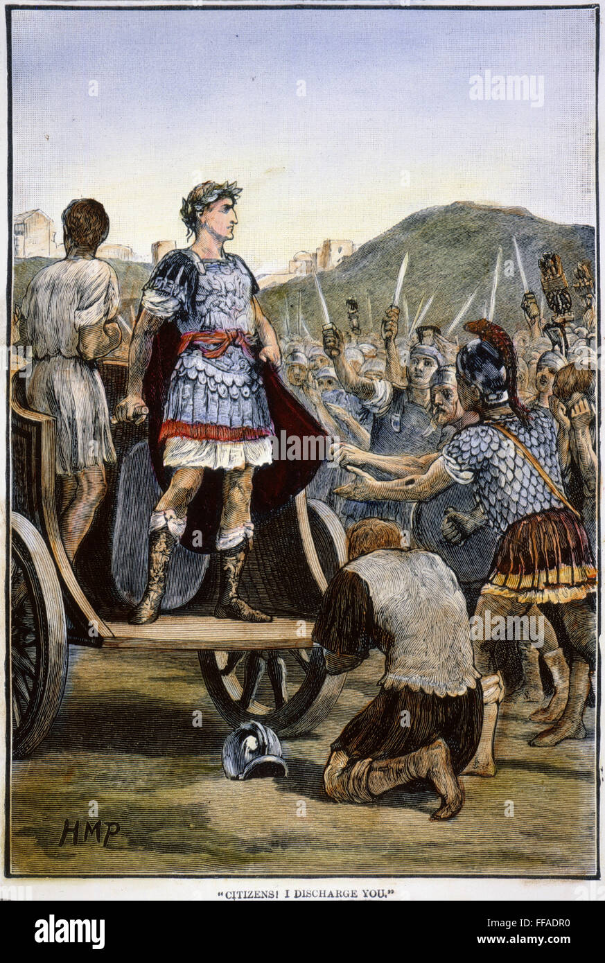 JULIUS CAESAR (100-44 BC). /nCaesar regaining the loyalty of mutinous soldiers of the 10th legion in the Campus Martius at Rome, 47 B.C.: wood engraving, 19th century. Stock Photo