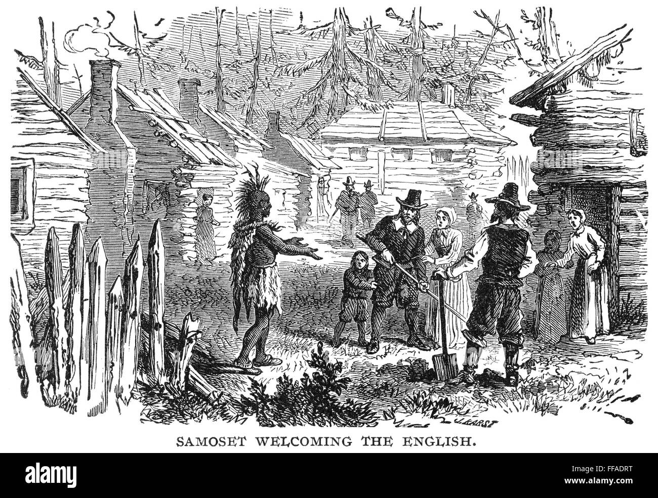 SAMOSET: PLYMOUTH COLONY. /nSamoset's first visit to Plymouth Colony in March 1621: wood engraving, American, 19th century. Stock Photo