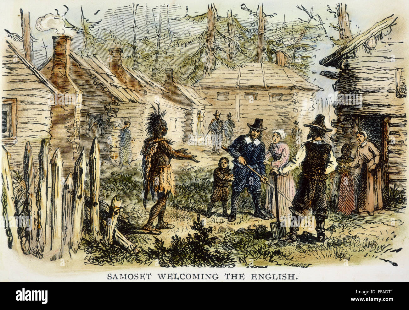 PLYMOUTH COLONY: SAMOSET. /nSamoset's first visit to Plymouth Colony in March 1621: wood engraving, American, 19th century. Stock Photo