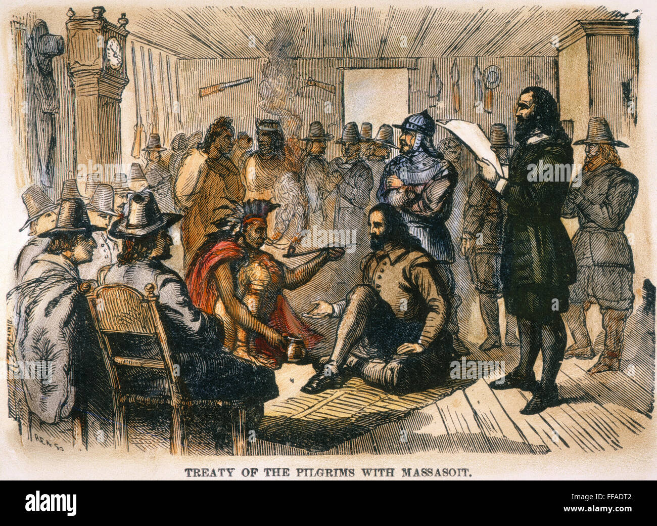 PILGRIMS' TREATY. /nThe Pilgrims' treaty with Chief Massasoit in William Bradford's house at Plymouth Colony, March 1621. Wood engraving, American, late 19th century. Stock Photo