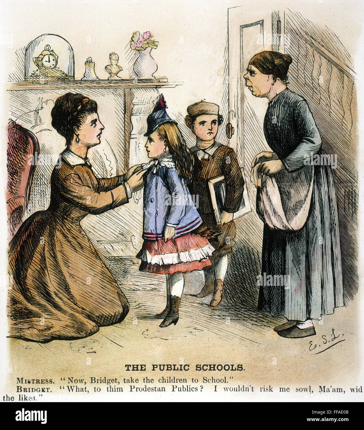 IRISH IMMIGRANTS CARTOON. /n'The Public Schools.' American cartoon from 1873 suggesting that the newly arrived Irish do not trust the public (therefore not Catholic) schools. Stock Photo