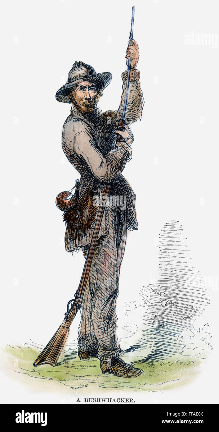 CIVIL WAR GUERILLA. /nA buschwhacker, or Confederate guerilla fighter. Wood engraving, American, 1867. Stock Photo