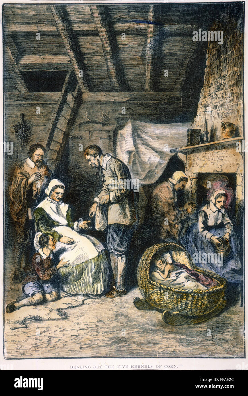 PILGRIMS STARVING. /nDealing out the daily five kernels of corn per person during the starving time in the Plymouth Colony of Massachusetts, Spring 1623. Wood engraving, 19th century. Stock Photo