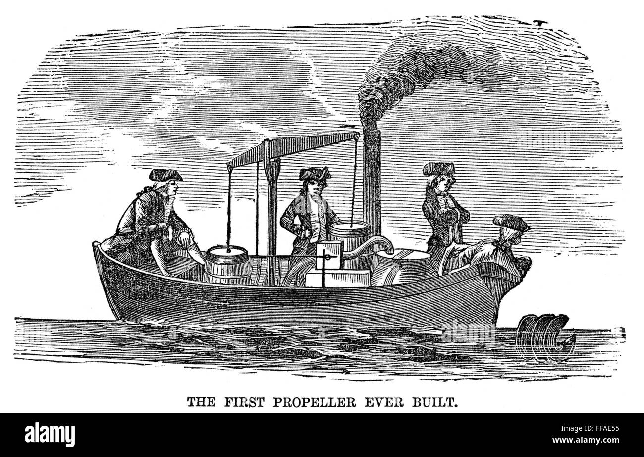 FITCH EXPERIMENT, 1796. /nJohn Fitch's experiment with a steam-powered screw propeller on Collect Pond, New York City, 1796: wood engraving, 19th century. Stock Photo