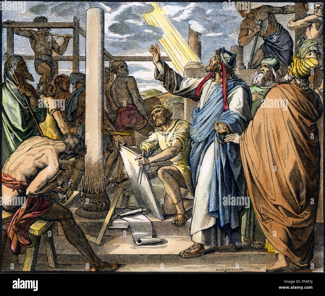 TEMPLE OF SOLOMON. /nKing Solomon supervising the construction of the temple. Wood engraving