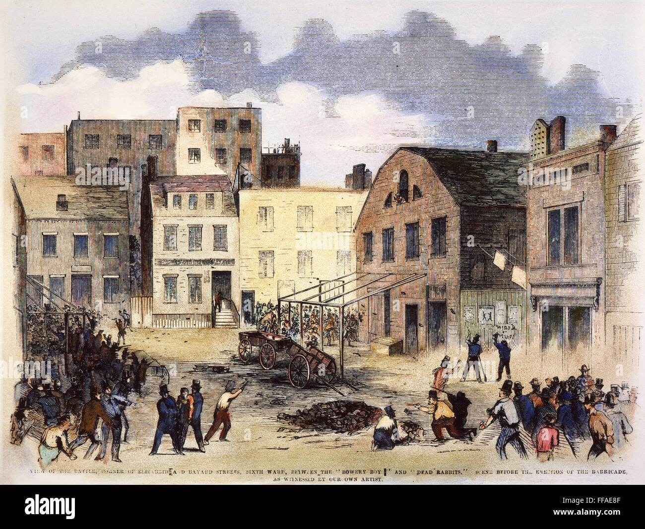 NEW YORK GANG WAR, 1857. /nBattle between the 'Bowery Boys' and the 'Dead Rabbits', two New York gangs, at the corner of Elizabeth and Bayard Streets, 4 July 1857. Wood engraving from a contemporary American newspaper. Stock Photo