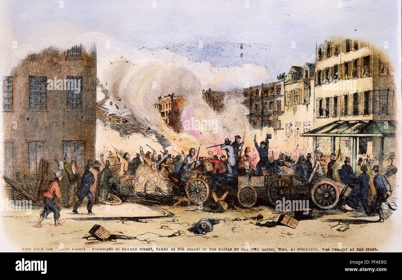 NEW YORK GANG WAR, 1857. /nView from the 'Dead Rabbit' barricade in Bayard Street as the 'Rabbits' battled the 'Bowery Boys' on 4 July 1857 in New York's Sixth Ward. Wood engraving from a contemporary American newspaper. Stock Photo