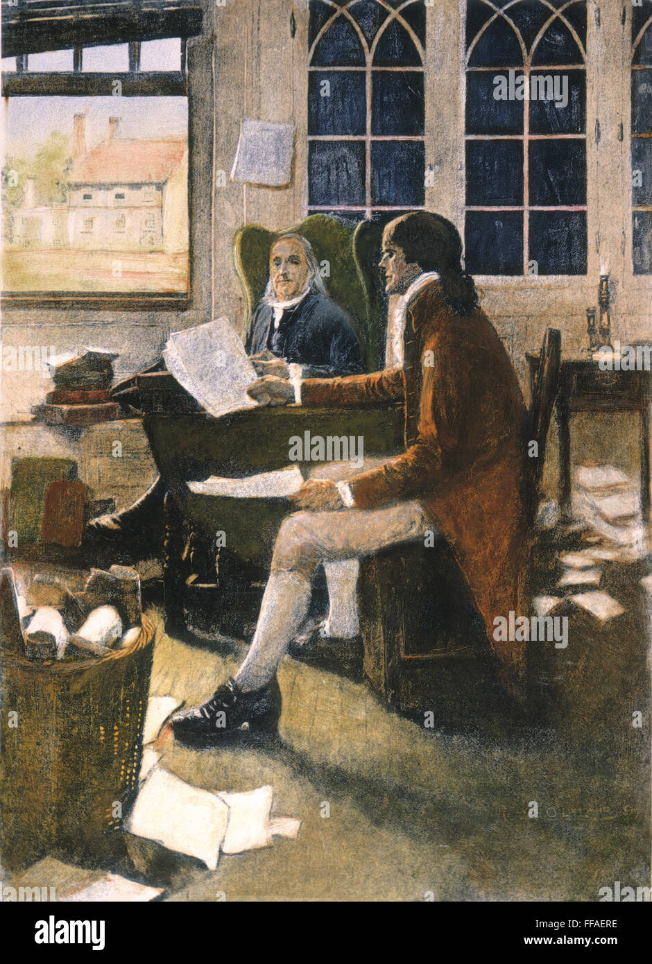 DECLARATION OF INDEPENDENCE /nThomas Jefferson reading his rough draft of the Declaration of Independence to Benjamin Franklin, 1776. After a painting by Clyde O. Deland. Stock Photo