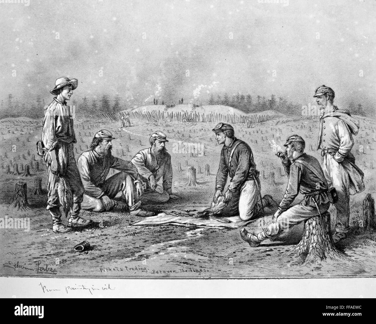 Civil War Soldiers Npickets Trading Between The Lines Pencil Drawing By Edwin Forbes 1839 