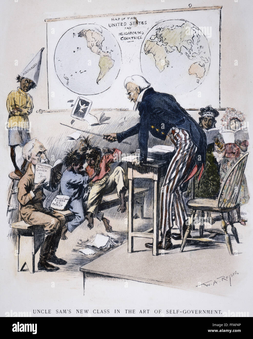 SPANISH-AMERICAN WAR CART. /nThe United States, in the figure of Uncle Sam, the school teacher, corrects the independent behavior of the Philippines (Aguinaldo) and Cuba (Gomez): American cartoon by W.A. Rogers, 1898. Stock Photo