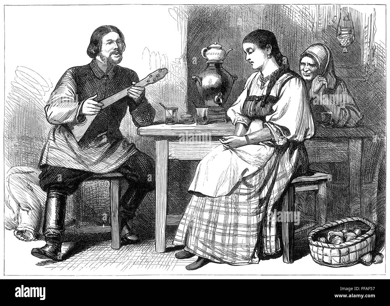 COURTSHIP IN RUSSIA, 1880. /nWood engraving, English, 1880. Stock Photo