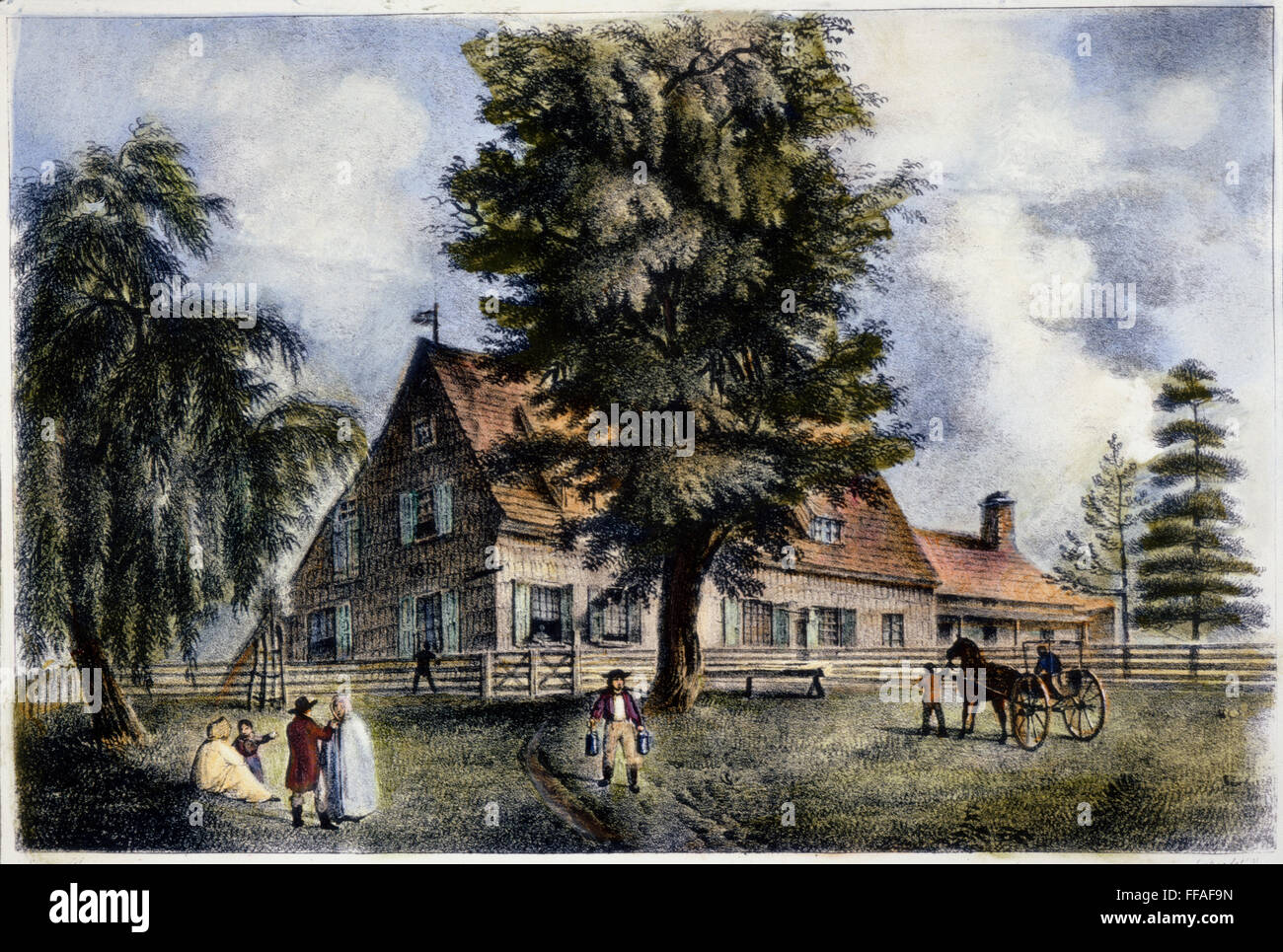 BOWNE HOUSE, 1661./nThe Bowne House, built in 1661 by John Bowne at Flushing, New York, soon becoming a Quaker refuge and meetinghouse in defiance of the ban against Quakers ordered by New Netherlands Governor Peter Stuyvesant: American lithograph, c1819. Stock Photo