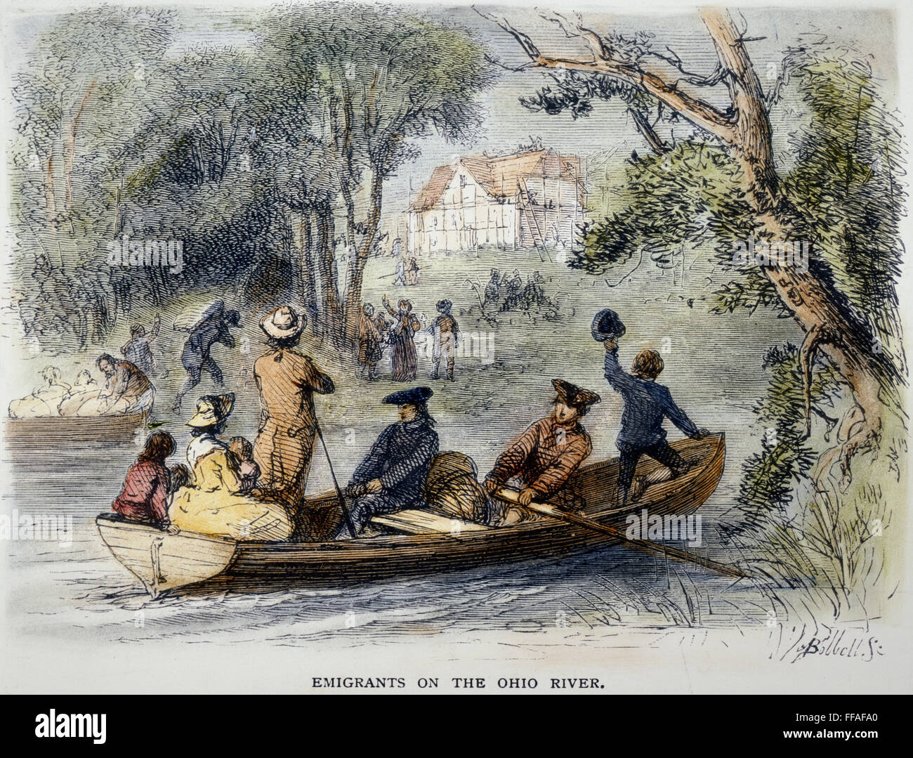 EMIGRANTS TO OHIO, 1789./nEmigrants from east of the Allegheny Mountains arrive at a new settlement on the banks of the Ohio River, c1789: wood engraving, 19th century, after Felix O.C. Darley. Stock Photo