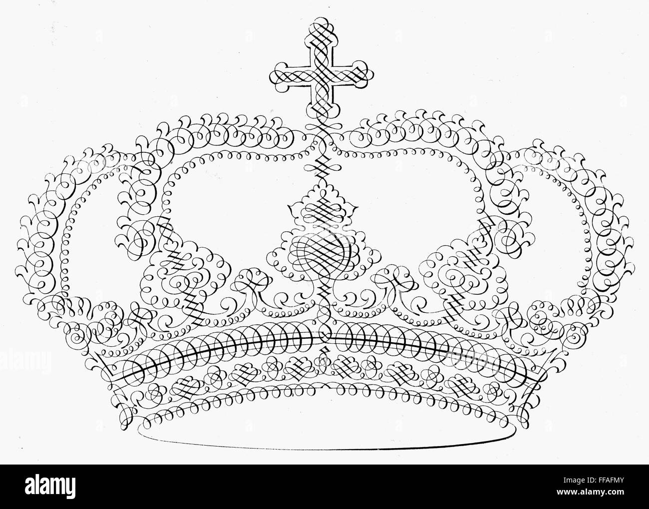 CALLIGRAPHY CROWN. /nCalligraphy crown of Charles Emmanuel, King of Sardinia. Austrian copperplate, mid-18th century. Stock Photo