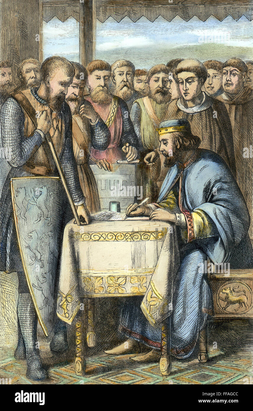 KING JOHN (c1167-1216). /nKing of England, 1199-1216. King John signing the Magna Carta at Runnymede, 15 June 1215. Color wood engraving, 19th century. Stock Photo