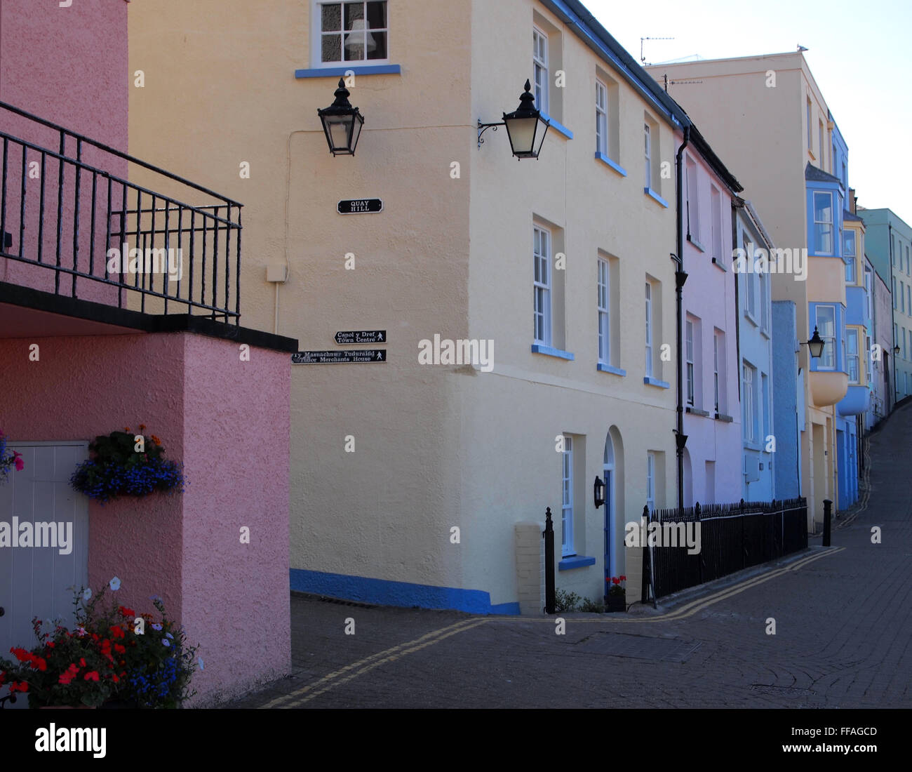 Colourful properties in Tenby town centre Pembrokeshire Wales Stock Photo