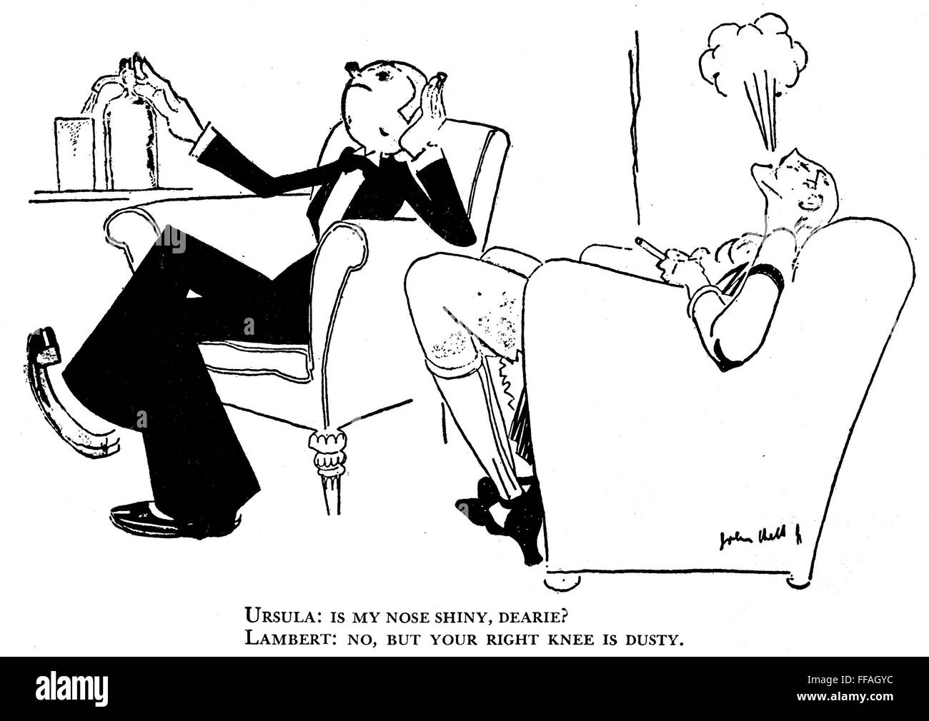 JOHN HELD, JR: CARTOON, 1925. /nCartoon from 'Life,' 1925, by John Held, Jr. 'Ursula: Is my nose shiny, dearie? Lambert: No, but your right knee is dusty.' Stock Photo