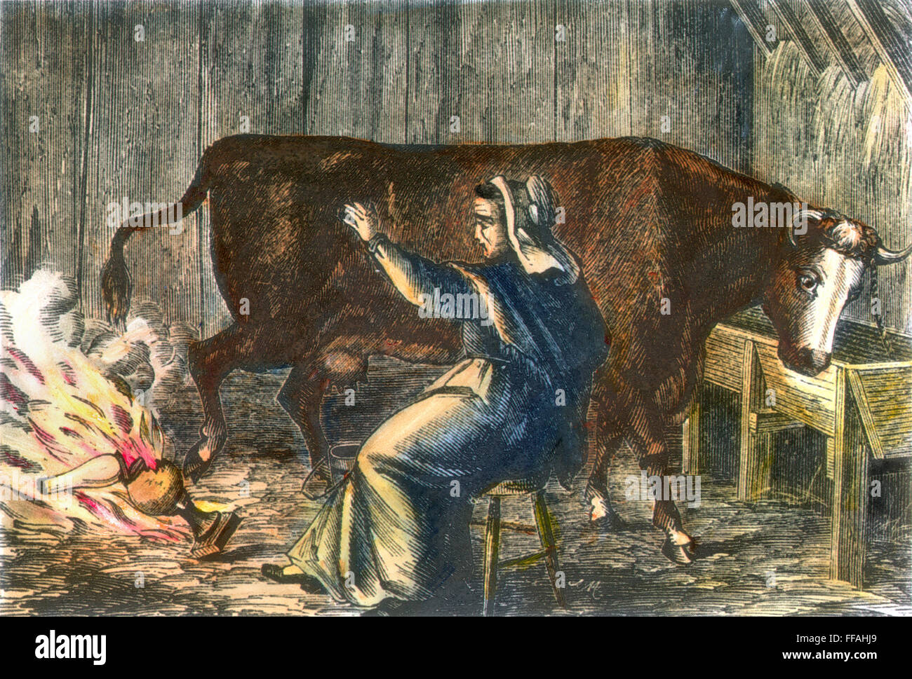 CHICAGO FIRE, 1871. /nMrs. Catherine O'Leary is horrified as her cow kicks over a lamp in her DeKoven Street barn on Chicago's West Side, 8 October 1871, the legendary cause of the subsequent Great Fire at Chicago. Wood engraving, late 19th century. Stock Photo