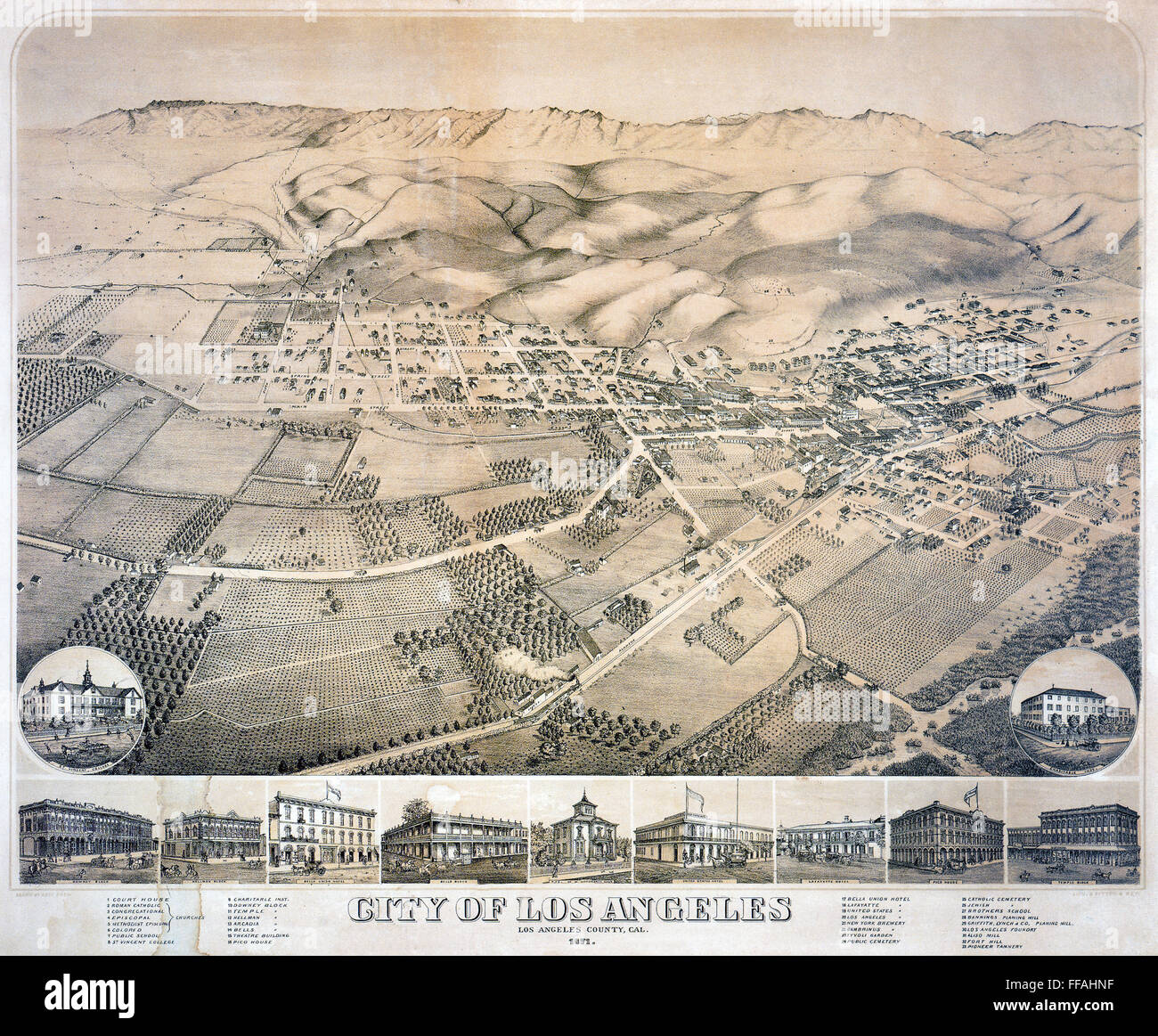 VIEW OF LOS ANGELES, 1871. /nLithograph. Stock Photo