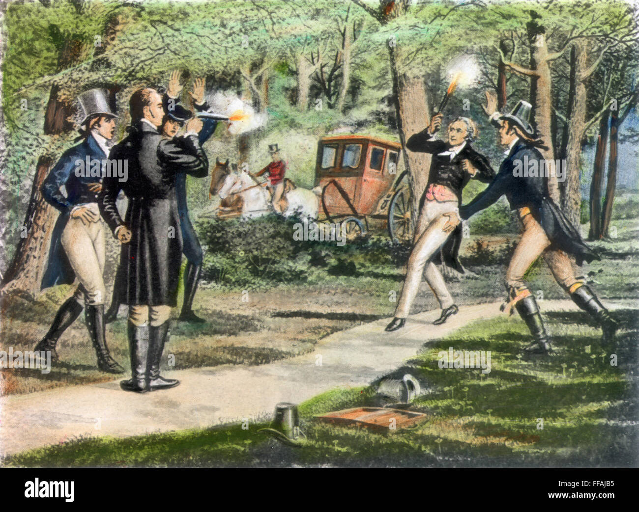 HAMILTON-BURR DUEL, 1804. /nThe duel fought between Alexander Hamilton (right) and Aaron Burr at Weehawken, New Jersey, 11 July 1804, in which Hamilton was fatally wounded. Stock Photo