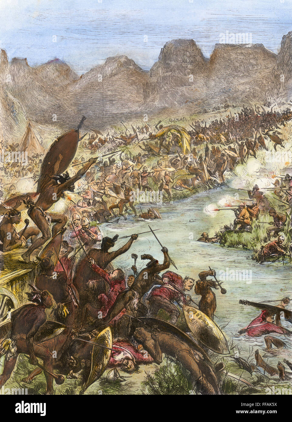 ZULU WAR, 1879. /nZulu warriors attack an escort of the 80th Regiment at the Intombi River: wood engraving from a contemporary English newspaper. Stock Photo
