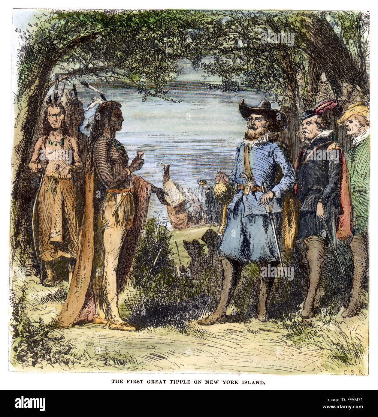HUDSON & NATIVE AMERICANS, 1609. /nHenry Hudson (d.1611) shares brandy with natives of Manhattan Island at the beginning of his journey up the river which bears his name, September 1609. Wood engraving, American, 1876. Stock Photo