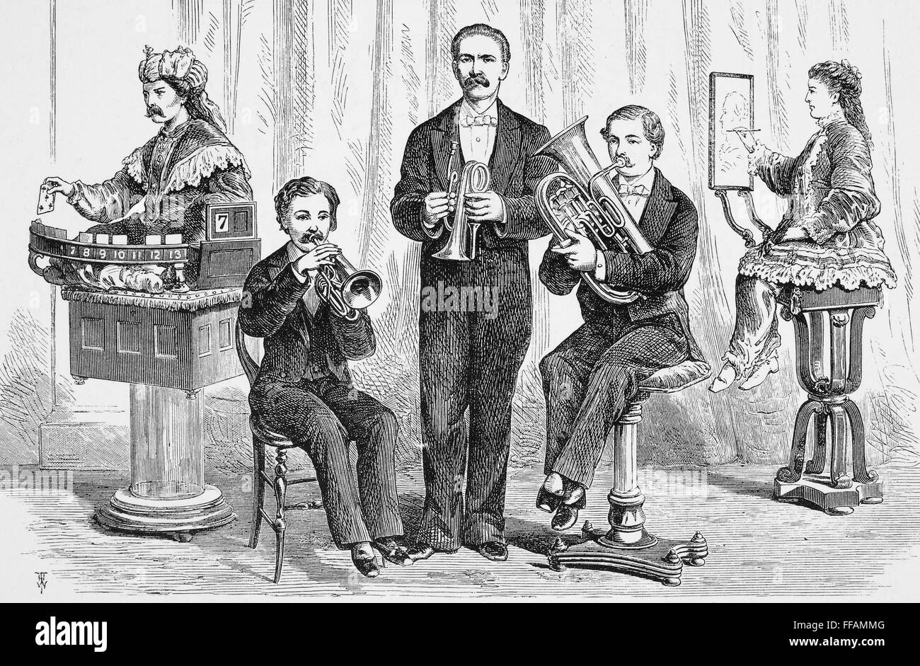 JOHN MASKELYNE (1839-1917). /nJohn Nevil Maskelyne. English magician. Maskelyne with four of his mechanical people. Line engraving, 19th century. Stock Photo