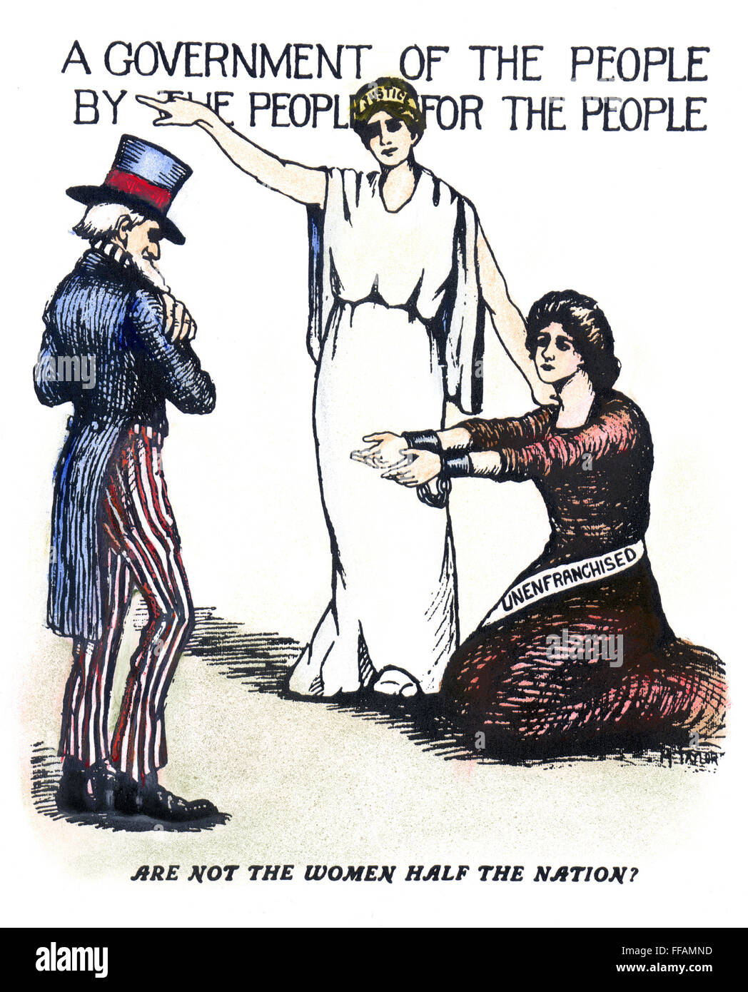 SUFFRAGE CARTOON, c1919. /n'Are Not Women Half the Nation?': American pro-suffrage cartoon, c1919. Stock Photo