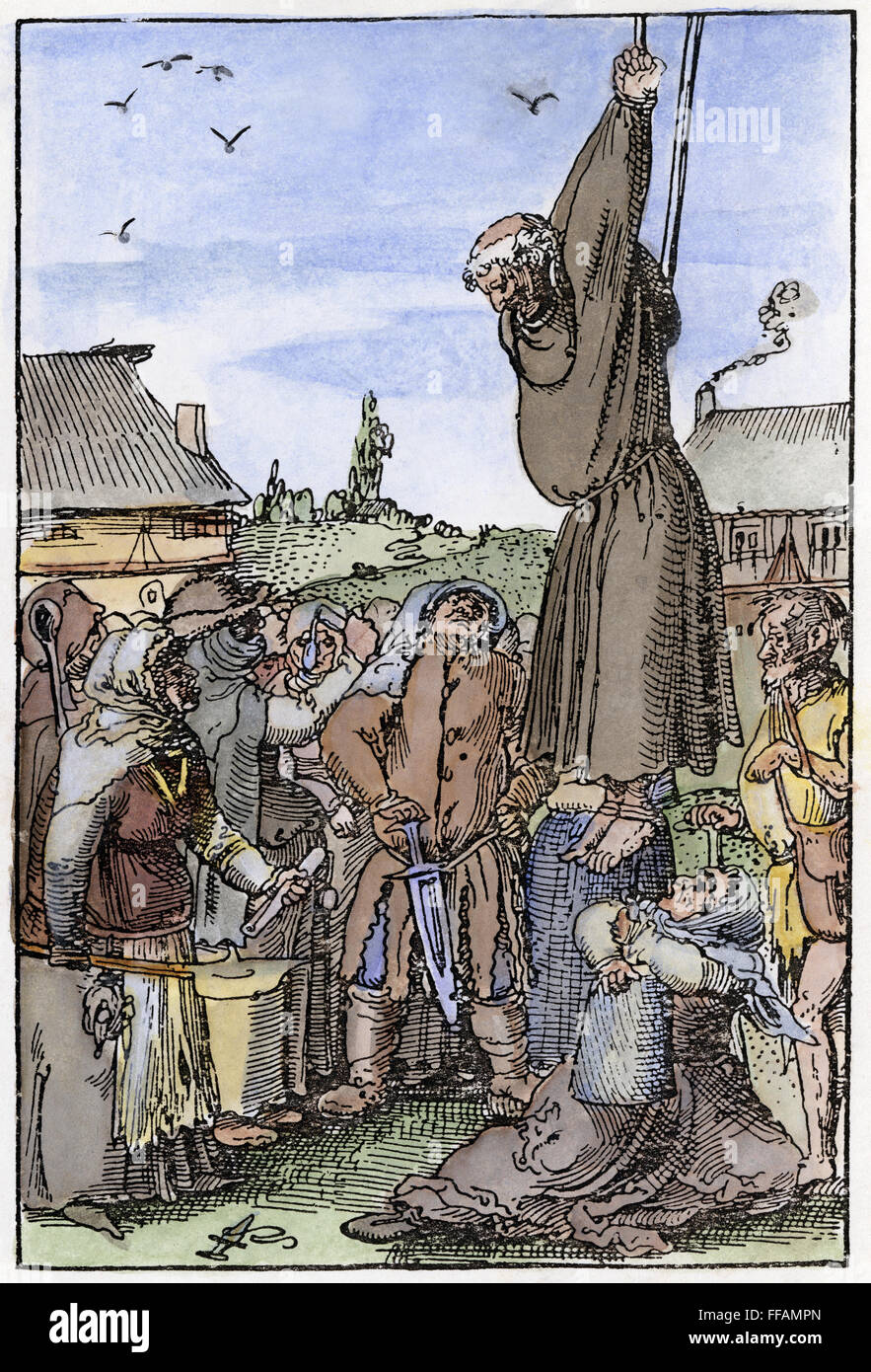 PEASANT MOB, 1525. /nPeasants in Switzerland hanging a vendor of indulgences during the Reformation. Woodcut, 1525, by Niklaus Manuel Deutsch. Stock Photo