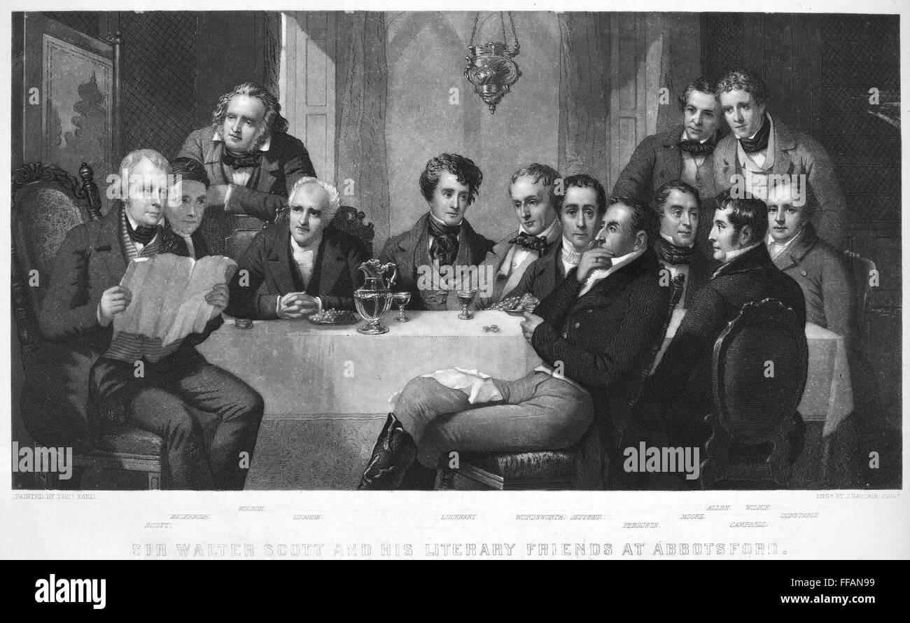 SIR WALTER SCOTT /n(1771-1832). Scottish poet, novelist, historian and biographer. Sir Walter Scott and his literary friends at Abbotsford. Mezzotint, 1858, by John Sartain after Thomas Faed. Stock Photo