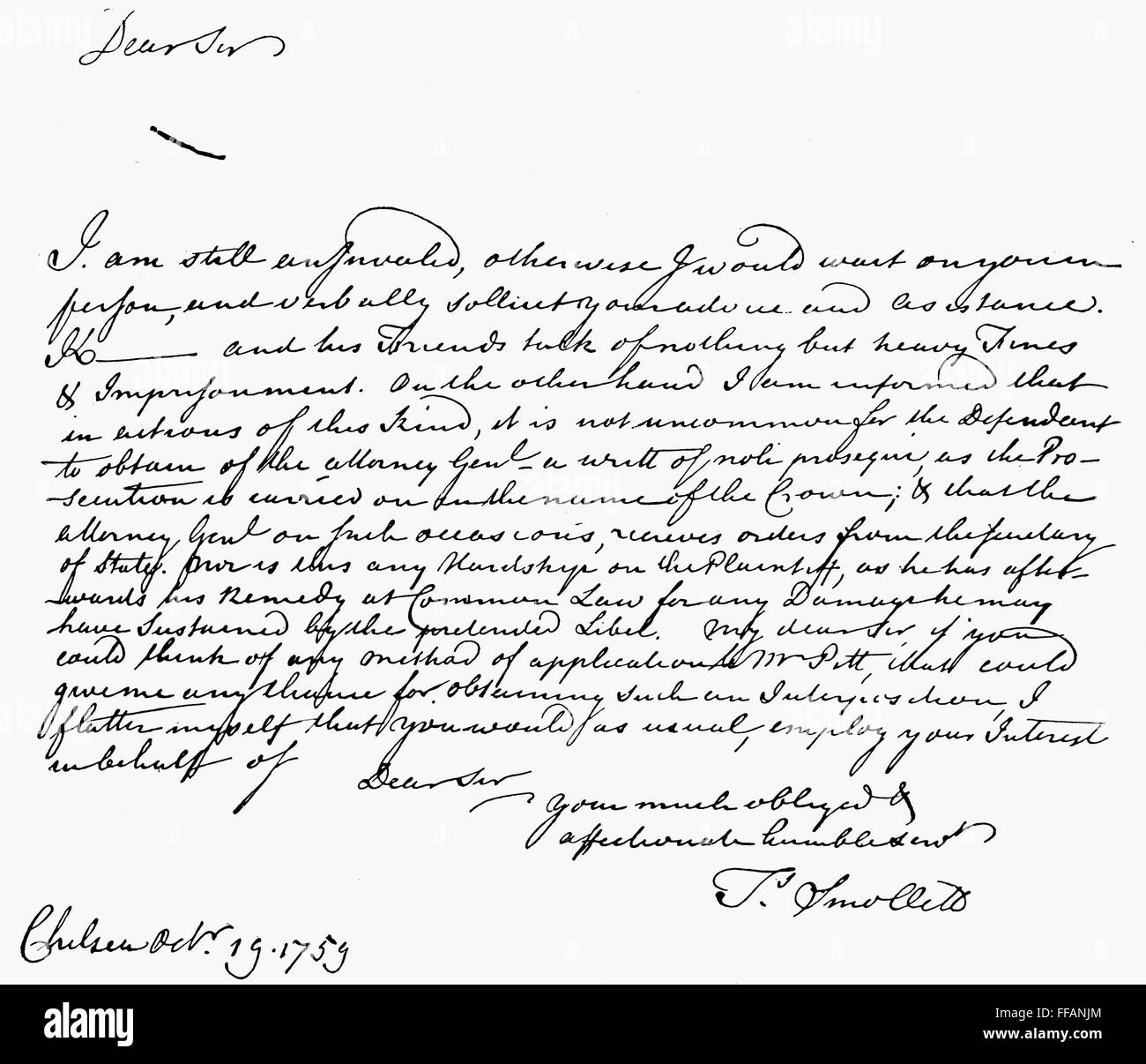 TOBIAS GEORGE SMOLLETT /n(1721-1771). Scottish surgeon and novelist. Autograph letter, 1759. Stock Photo
